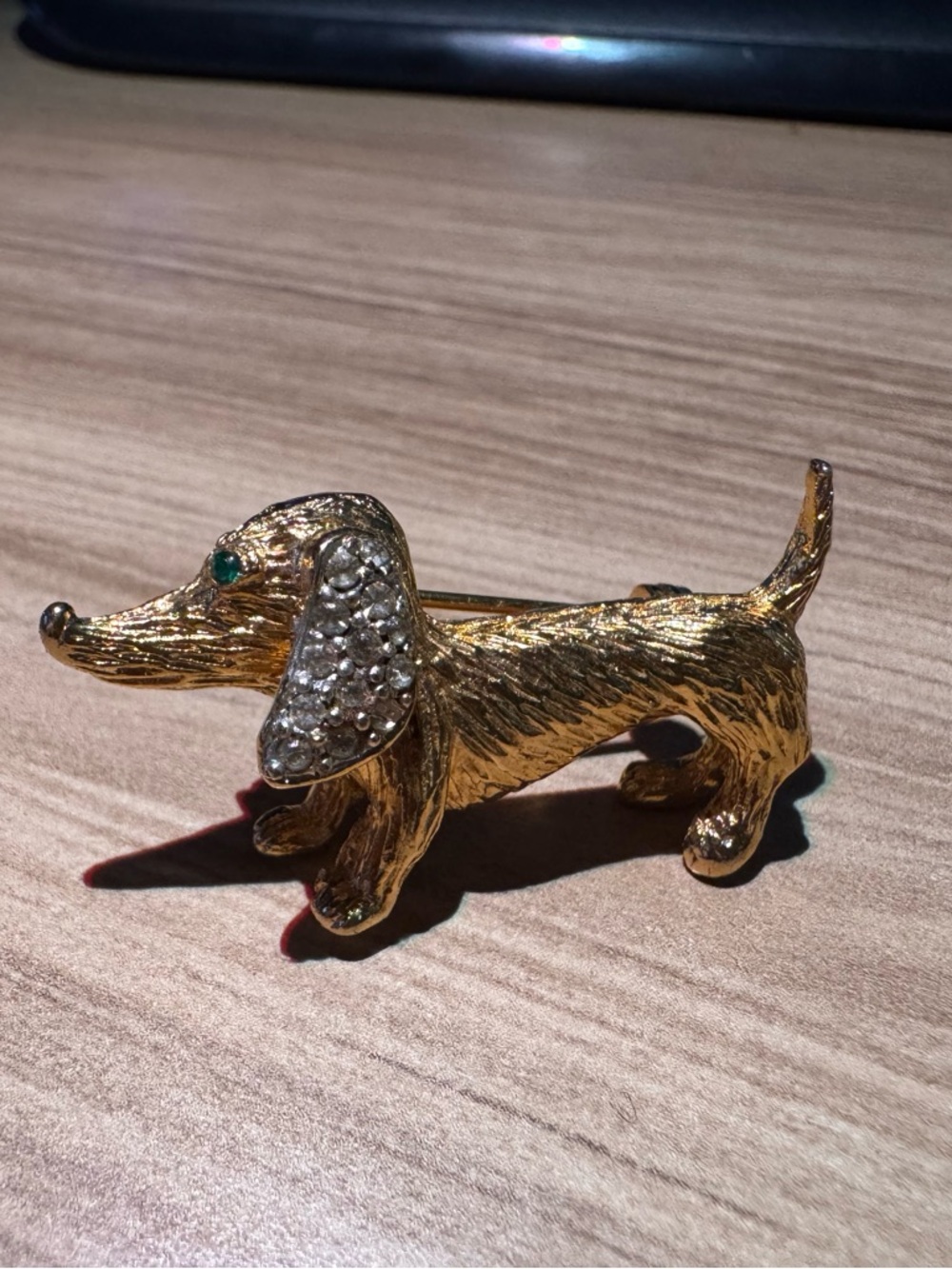 Gold Dachshund Dog Brooch Pin with Crystal Ear Accent